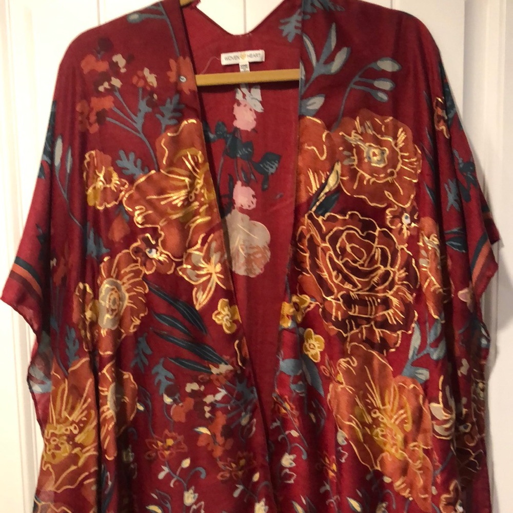 NWOT Kimono...Ruby red with gold and teal floral